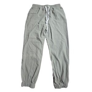 Ouku Mens Linen Cotton Blend Joggers L Elastic Waist Drawstring Sage Green Skate
